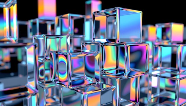 The image depicts a collection of transparent, reflective cubes arranged in a seemingly random formation