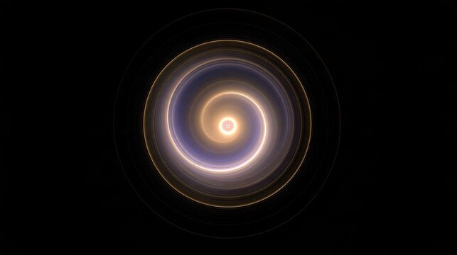 Glowing concentric golden blue light spiral circle on solid black background showing abstract dynamic infinite cosmic energy and futuristic digital art design concept