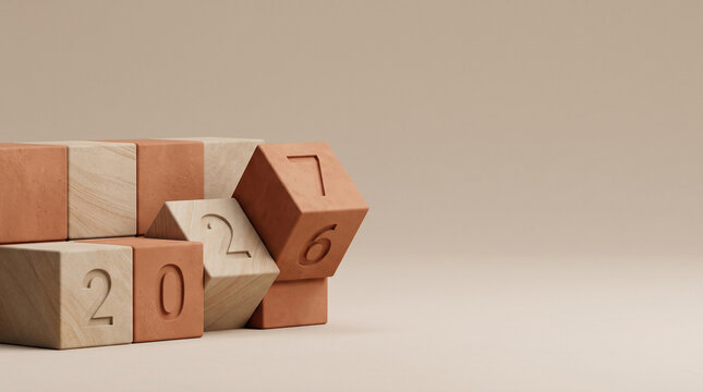 Minimalist Rotating Cubes Transitioning from 2026 to 2027 with Copy Space
