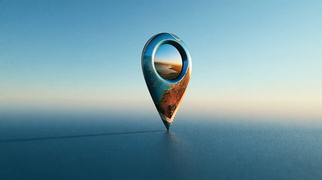 Vintage map textured location pin pointer with lake landscape inside standing on calm blue water under clear sky showing travel navigation destination concept