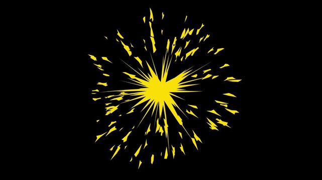 Explosion animation in comic book style with flying yellow particles on black background
