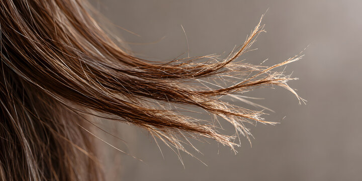 Close up of frayed split ends on brown hair