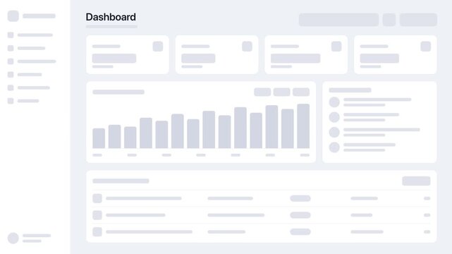 Modern user interface dashboard wireframe showing analytics data charts and metrics layout