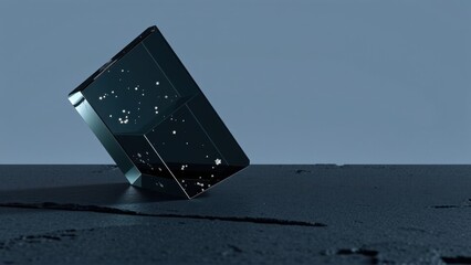 Fototapeta premium Dark cube rests upon rough surface. Stars visible within transparent sides. Minimalist composition, moody lighting, abstract design.
