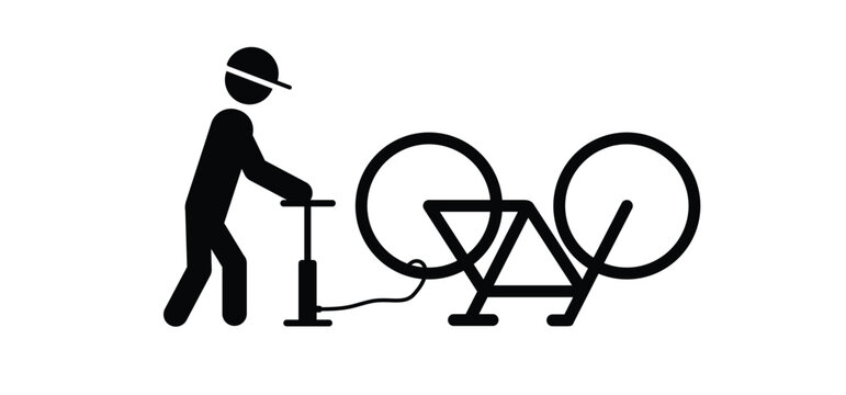 Bicycle tire. Bike with lights and bicycle pedals. Sport tools or Cyclist, cycling symbol. Bike, hand pump to repair a flat bicycle tire. Pumping a flat bicycle tire. Bicycle mechanic. E-bike