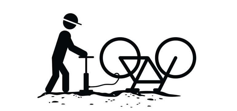 Bicycle tire. Bike with lights and bicycle pedals. Sport tools or Cyclist, cycling symbol. Bike, hand pump to repair a flat bicycle tire. Pumping a flat bicycle tire. Bicycle mechanic. E-bike