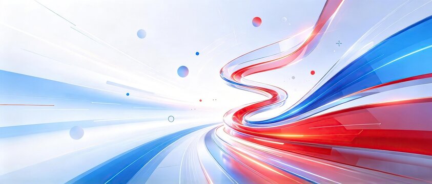 Glossy transparent red blue flowing curved dynamic ribbon on bright clean white background showing modern speed technology movement abstract design concept