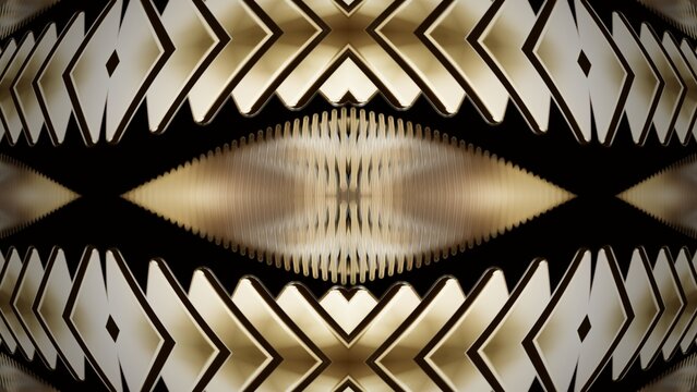 Ornate gold chevron rows framing ribbed lens shape on black