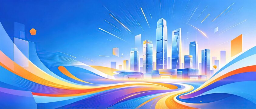 Modern futuristic city skyline with vibrant flowing blue orange wavy shapes against bright blue background showing urban development business and technology growth concept