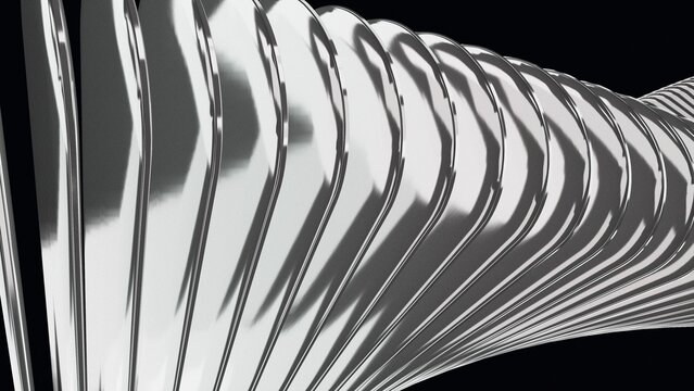 Frame-filling twisted chrome plates bending in a wave against black