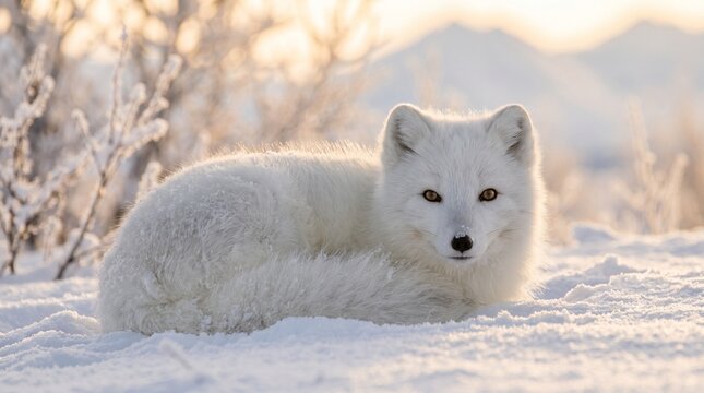 A majestic arctic fox resting in the serene winter landscape during a golden sunrise with soft frost and snow-covered terrain