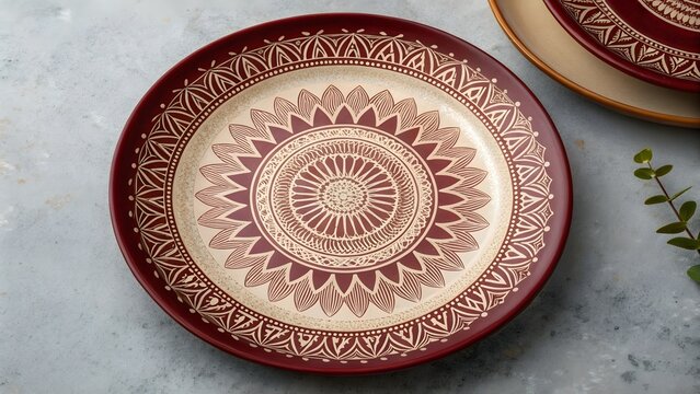 Decorative mandala pattern ceramic plate with deep red border in soft studio lighting