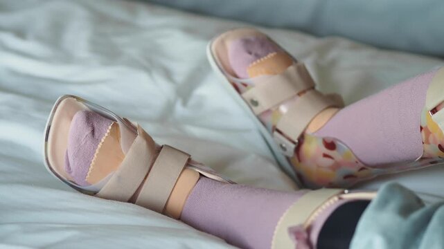 Child Wearing Ankle Foot Orthosis Braces on Bed