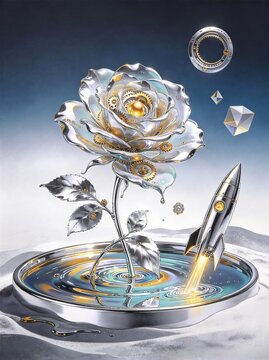 Surreal futuristic mechanical rose with golden gears growing from silver plate with launching rocket showing steampunk fantasy innovation growth concept