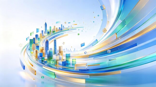 Modern futuristic city skyline placed on flowing curved transparent blue and golden glass shapes on clean light background showing urban business technology development concept