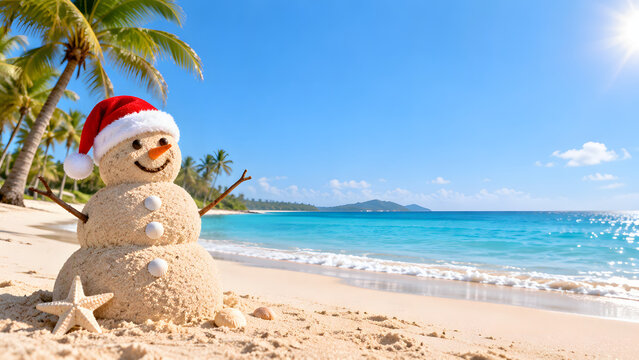 Sand snowman with Santa hat on tropical beach with copy space