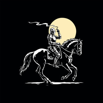 Medieval knight in full armor riding a horse smoking a cigarette under a full moon vector illustration. Retro warrior knight on horse smoking under full moon vector illustration for print and t-shirt 