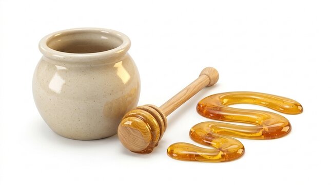 Beige ceramic honey pot with wooden dipper and sinuous honey drizzle