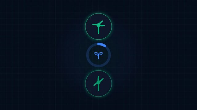 Vertical sequence of neon green airplane icons on dark background for aviationgraphic design.