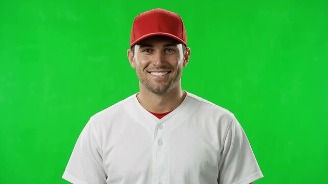 Baseball player in white uniform smiling and nodding on green screen