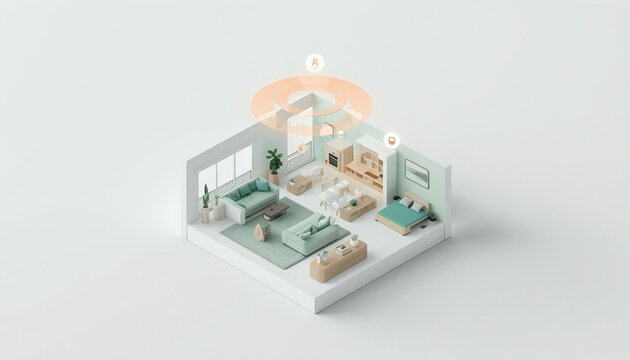 Isometric 3D cutaway of smart home with connected devices, automation and internet of things concept