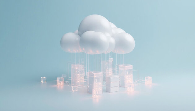 3D cloud computing concept with white cloud, server blocks and data streams on soft blue background