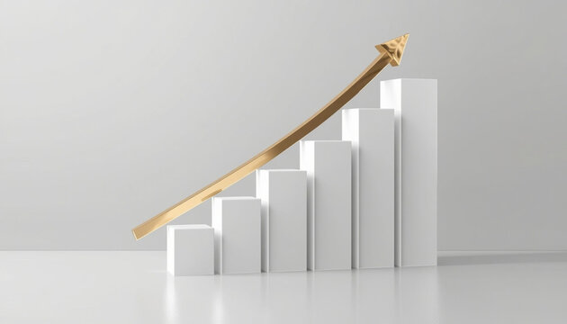 3D rising bar chart with golden arrow on light background, business growth and success concept