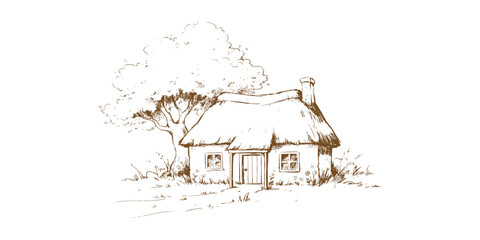 Naklejka premium Vintage hand drawn rustic cottage with thatched roof and large tree rural landscape vector illustration.