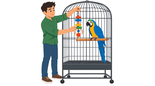 Young man in green shirt hanging colorful wooden bird toy inside large black cage with blue and yellow macaw parrot perched on wooden bar, flat vector illustration isolated on white, pet care