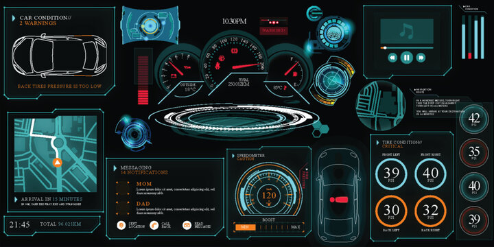 Futuristic vehicle dashboard hud with navigation maps and telemetry gauges in teal and orange glow for smart car interface design and automotive technology visualization concepts.