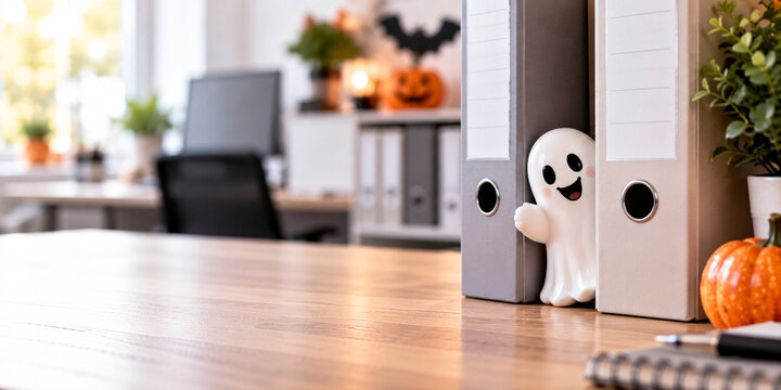Niedliche wei&szlig;e Geisterfigur zwischen Aktenordnern auf herbstlich dekoriertem Schreibtisch im B&uuml;ro
