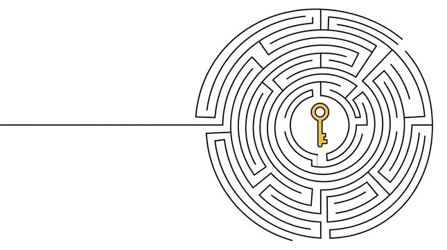 Business problem solving concept featuring a continuous line circular maze with a golden key in the center.