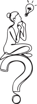 Continuous one line drawing a woman sitting on a big question mark symbol and a light bulb. Reliable analyst problem solver. Smart. National Creativity Day. one line Icon drawing