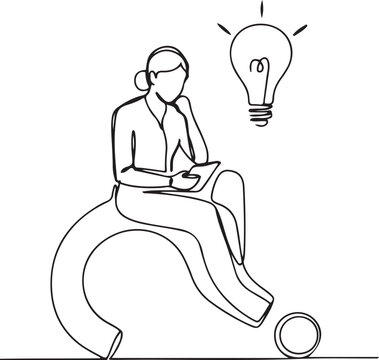 Continuous one line drawing a woman sitting on a big question mark symbol and a light bulb. Reliable analyst problem solver. Smart. National Creativity Day. one line Icon drawing