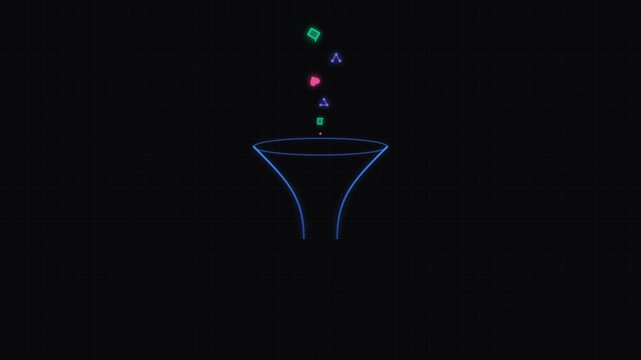 Neon blue funnel icon with floating colorful particles in a dark background.