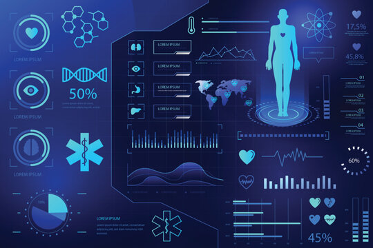 Medical hud interface with human body silhouette and health monitoring charts in blue neon tones for digital healthcare diagnostic systems and futuristic medical laboratory reports.