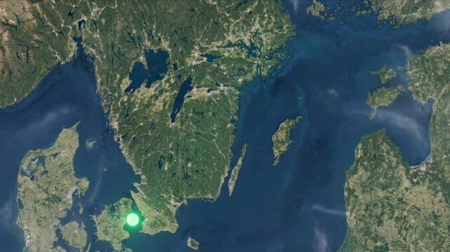 地球衛星軌道から見るストックホルムからコペンハーゲンへ光子が移動する光ネットワーク