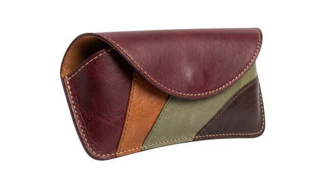 Artisanal leather clutch bag with colorful patchwork design, vintage burgundy leather pouch for accessories, handmade leather wallet on white background