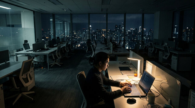 Man working late in modern office, city skyline at night, coding, technology
