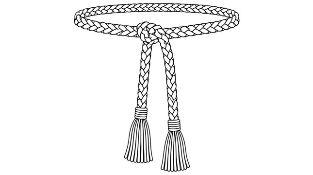 Black outline vector icon of a braided cord belt tied in a central knot with two hanging tassel ends rendered in thin uniform black lines centered on empty space ending with symmetrical fringe detail