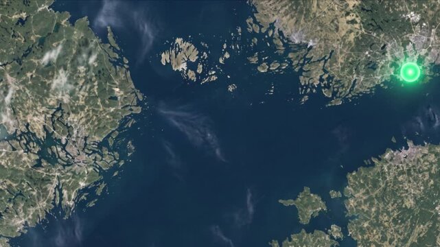 地球衛星軌道から見るストックホルムからヘルシンキへ光子が移動する光ネットワーク