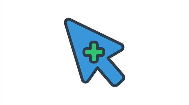Blue mouse cursor with a green plus sign icon on white background