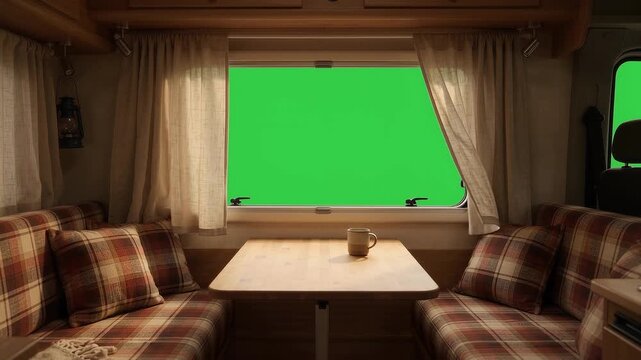 Camper van interior dinette with green screen window background