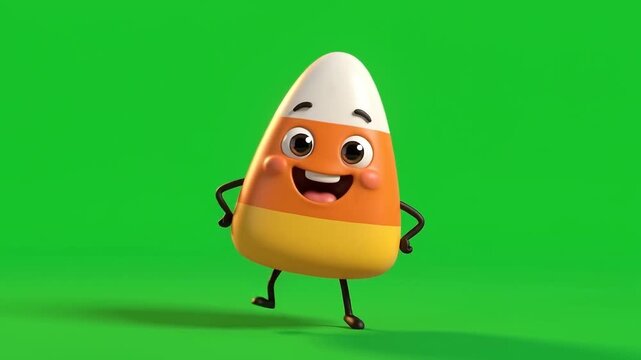 Candy corn cartoon character dancing and celebrating on green screen