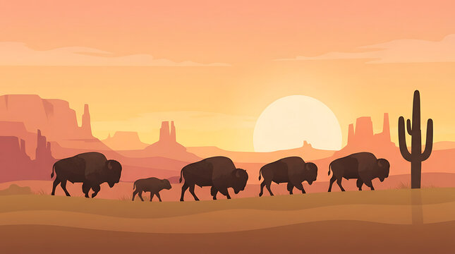 Silhouette of Wild Bison Herd Trekking Across an Orange Desert Plain during Sunset