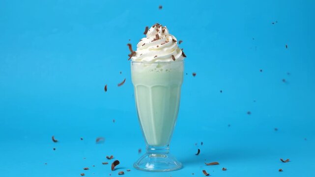 Mint green milkshake topped with chocolate shavings on blue background