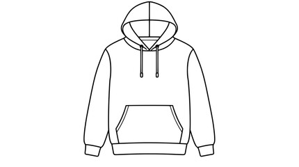 Black outline vector icon of a hooded sweatshirt with drawstring hood kangaroo pocket long sleeves and ribbed cuffs and hem drawn with medium lines in centered front view showing the loose fit © Arjun