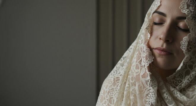 Close up of a young woman with eyes closed wearing a delicate lace veil, conveying serenity and introspection