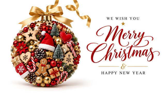Christmas Ball Build Of Vairous Christmas Decoration And Ornaments. English Text Merry Christmas And A Happy New Year. Fir Branch With Riboon And Bow. White Isolated Background