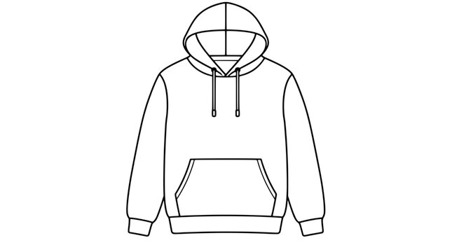 Black outline vector icon of a hooded sweatshirt with drawstring hood kangaroo pocket long sleeves and ribbed cuffs and hem drawn with medium lines in centered front view showing the loose fit